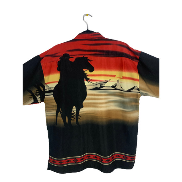 OSCAR MISA Mens Size Large Button-up Shirt Cowboy Sunset Print Rodeo Western - Picture 5 of 6